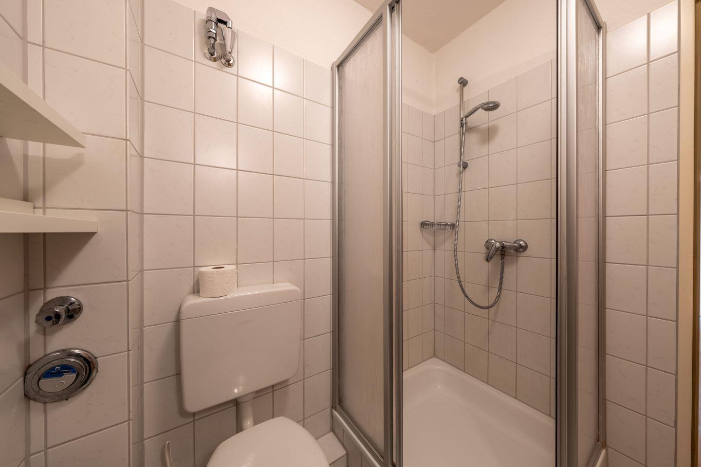 Duschkabine mit Duschbrause, WC und Toilettenpapier
