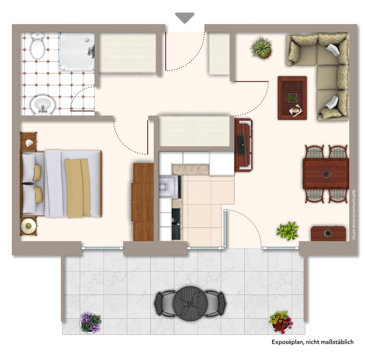 Wohnung mit Schlafzimmer, Bad, Küche, Wohn- und Essbereich sowie Terrasse mit Tisch und Stühlen.