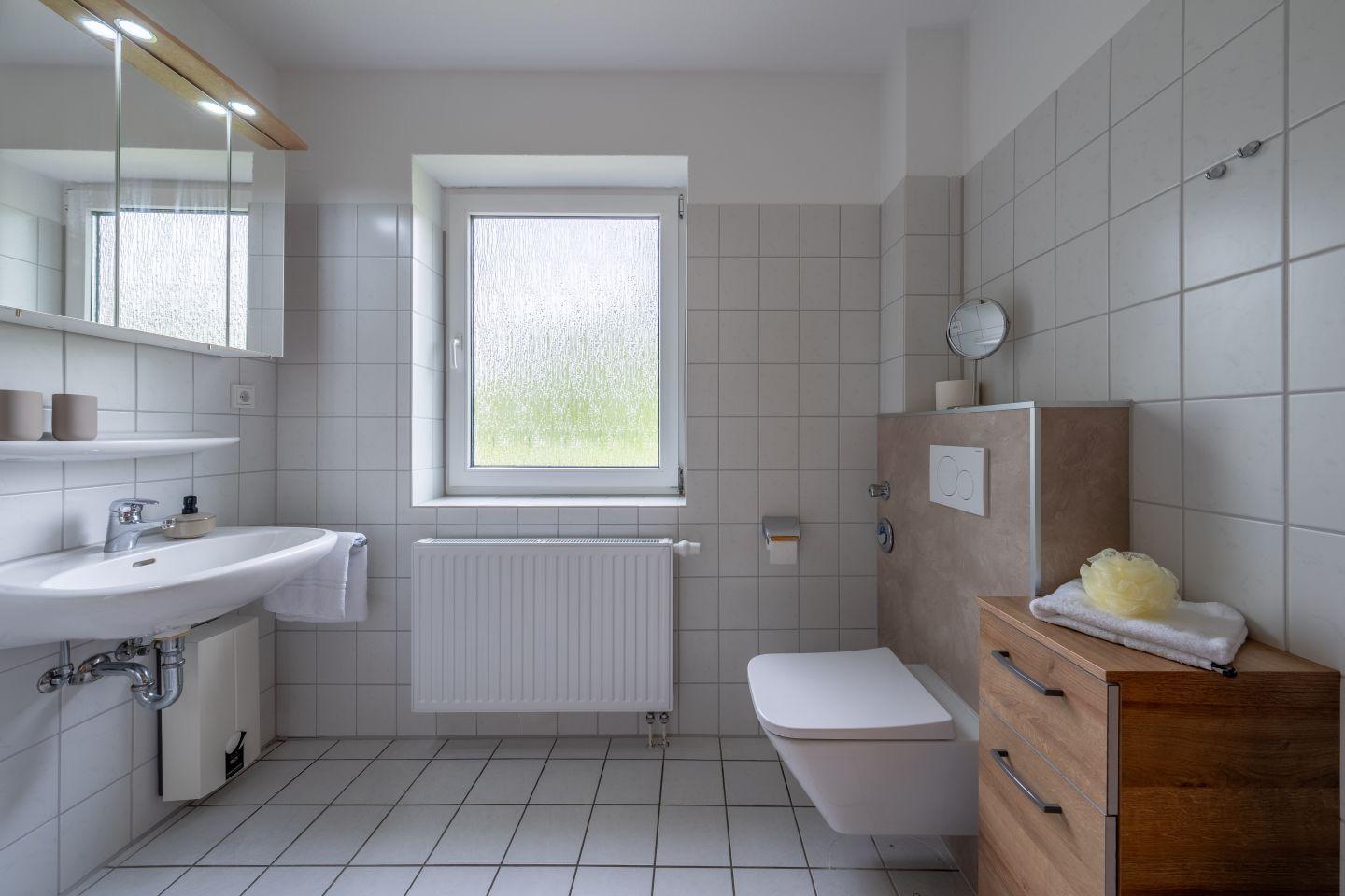 Badezimmer mit Waschbecken, Toilette und Fenster. Holzschrank und Spiegel.