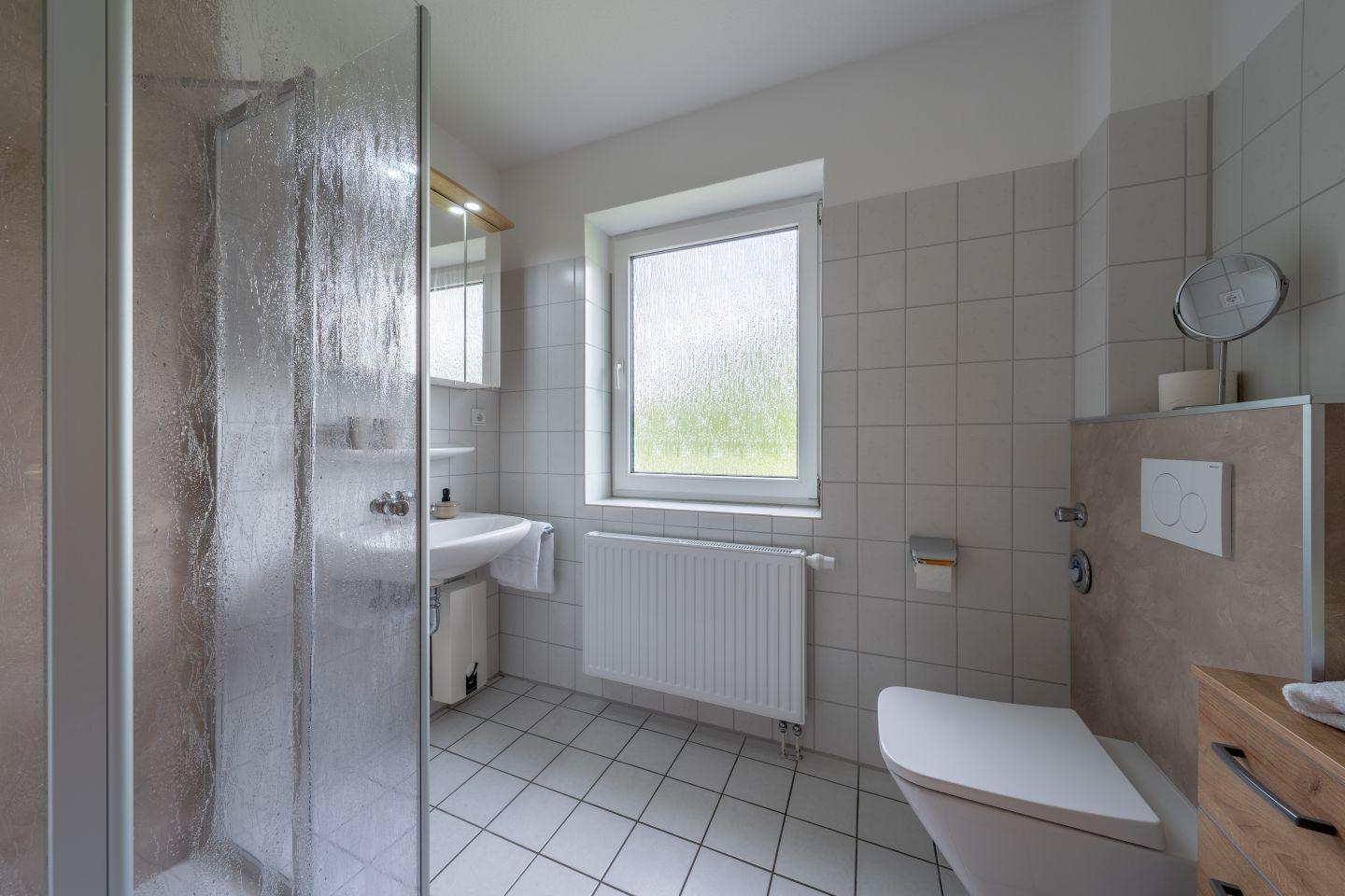 Badezimmer mit Dusche, Waschbecken und Toilette. Fenster mit beschlagener Scheibe.