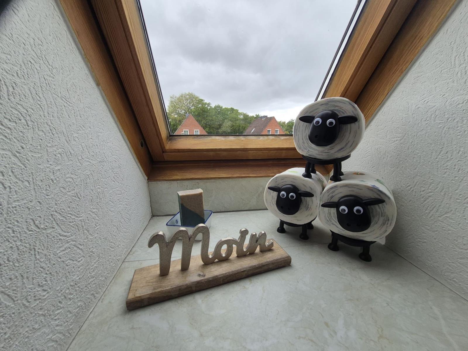 Dachfenster mit Blick auf Dächer, drei Schaf-Objekte aus Toilettenpapier und Holzschild mit Moin.