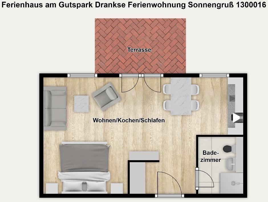 Wohnen, Kochen und Schlafen in einem Raum mit Terrasse und Badezimmer.