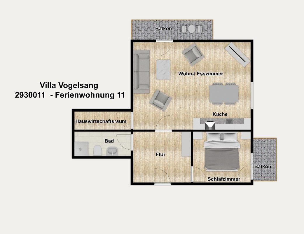 Wohnung mit Wohn- und Essbereich, Küche, Schlafzimmer, Bad und zwei Balkonen.