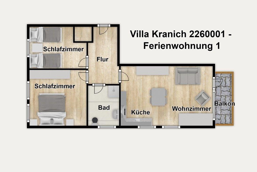 Villa Kranich 2260001 Ferienwohnung 1 mit 3 Schlafzimmern, Bad, Küche und Wohnzimmer mit Balkon.