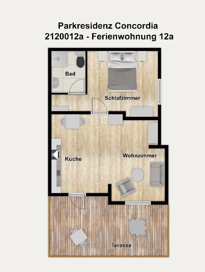 Ferienwohnung mit Schlafzimmer, Bad, Küche und Wohnzimmer mit Terrasse.