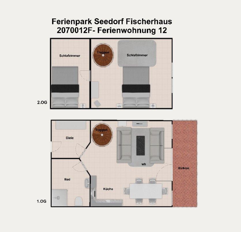 Ferienwohnung mit zwei Schlafzimmern, Küche, Bad und Balkon. Treppenhaus im Haus.