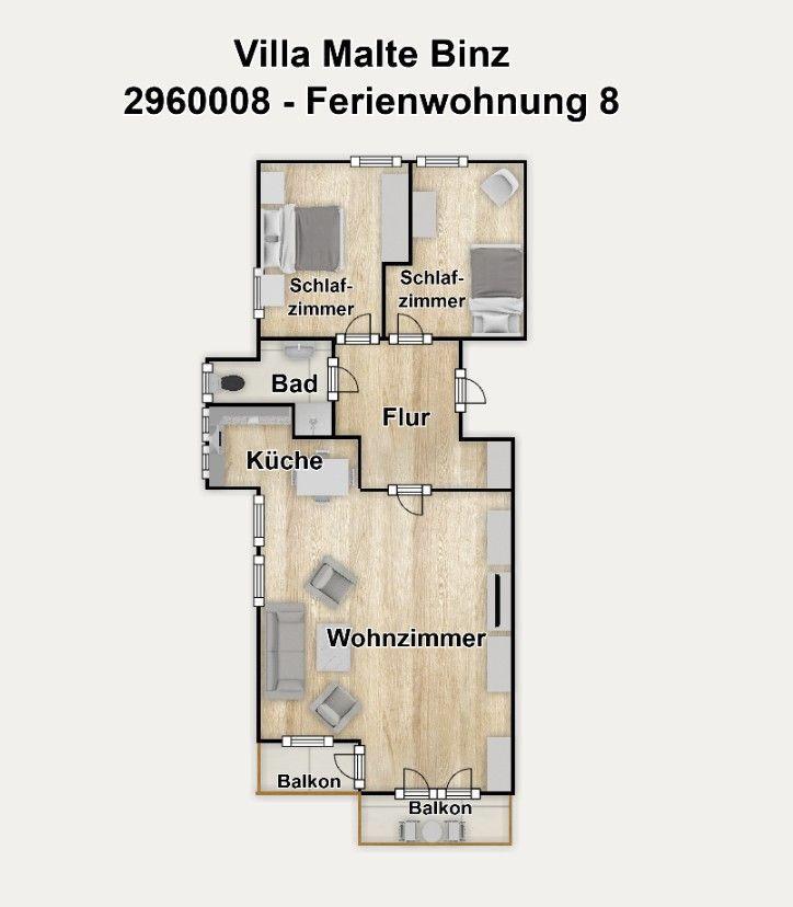 Villa Malte Binz Ferienwohnung 8 mit zwei Schlafzimmern, Küche, Bad und Wohnzimmer mit Balkon.