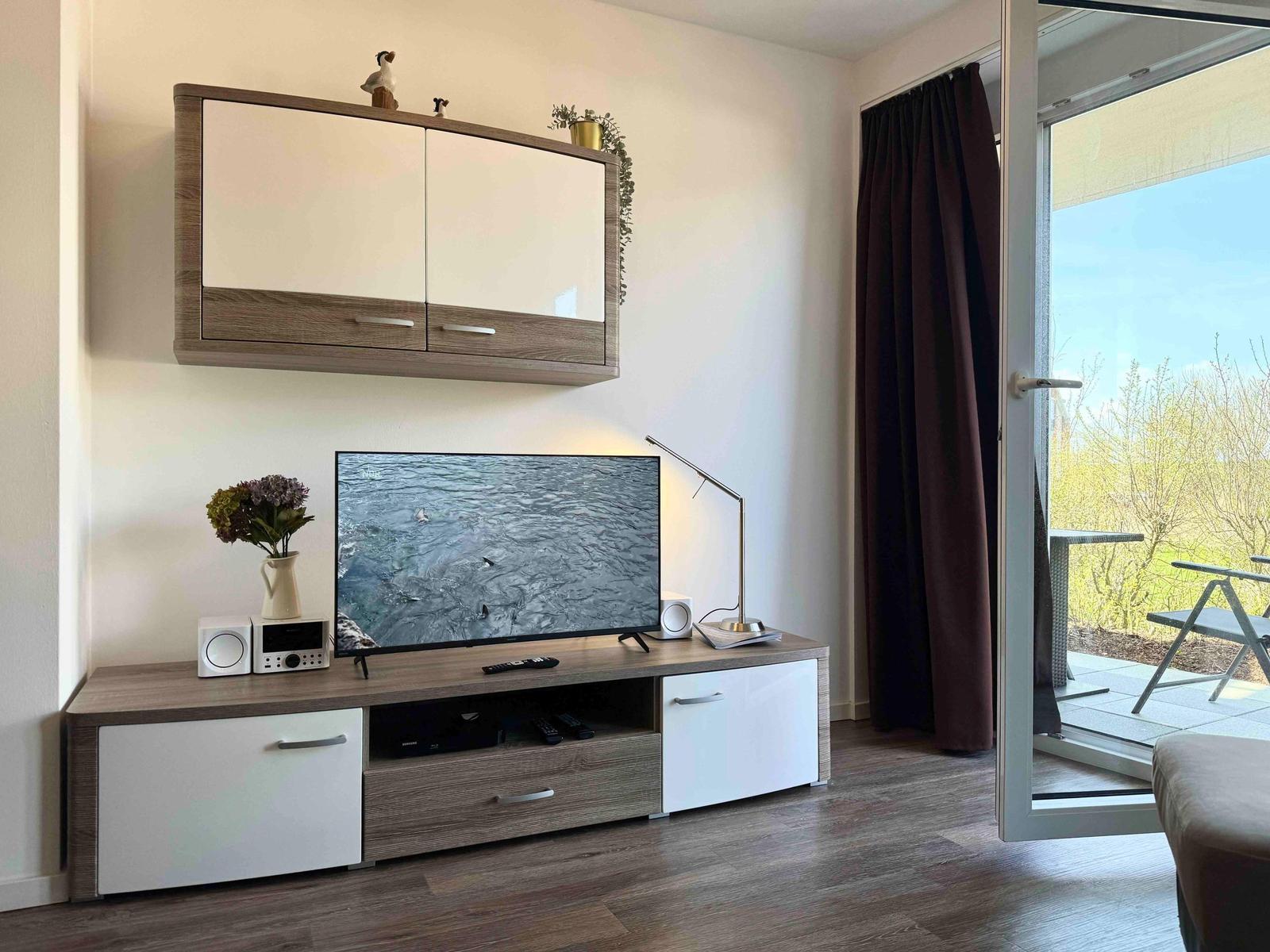 TV-Möbel mit Schränken, Fernseher und Blick auf Balkon.