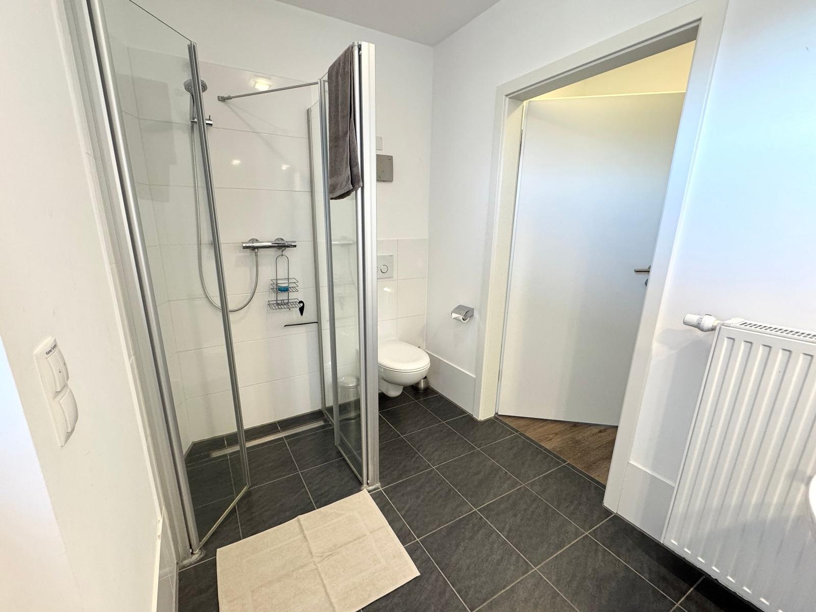 Badezimmer mit Dusche, Toilette und Heizkörper