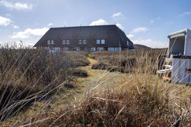 Haus mit dunklem Dach und Fenstern, umgeben von Gras und Büschen unter blauem Himmel.