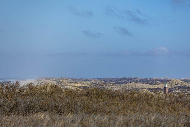 Dünenlandschaft mit Leuchtturm im Hintergrund unter blauem Himmel.