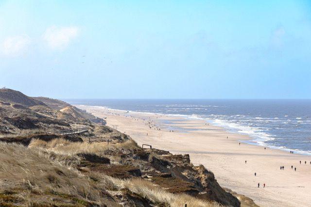 Strand mit Dünen und Meer im Hintergrund. Menschen genießen den Strandtag.