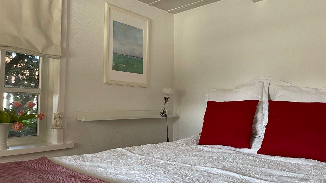 Ein Bett mit weißen Laken und roten Kissen. An der Wand hängt ein Bild. Ein Fenster mit Blumen.