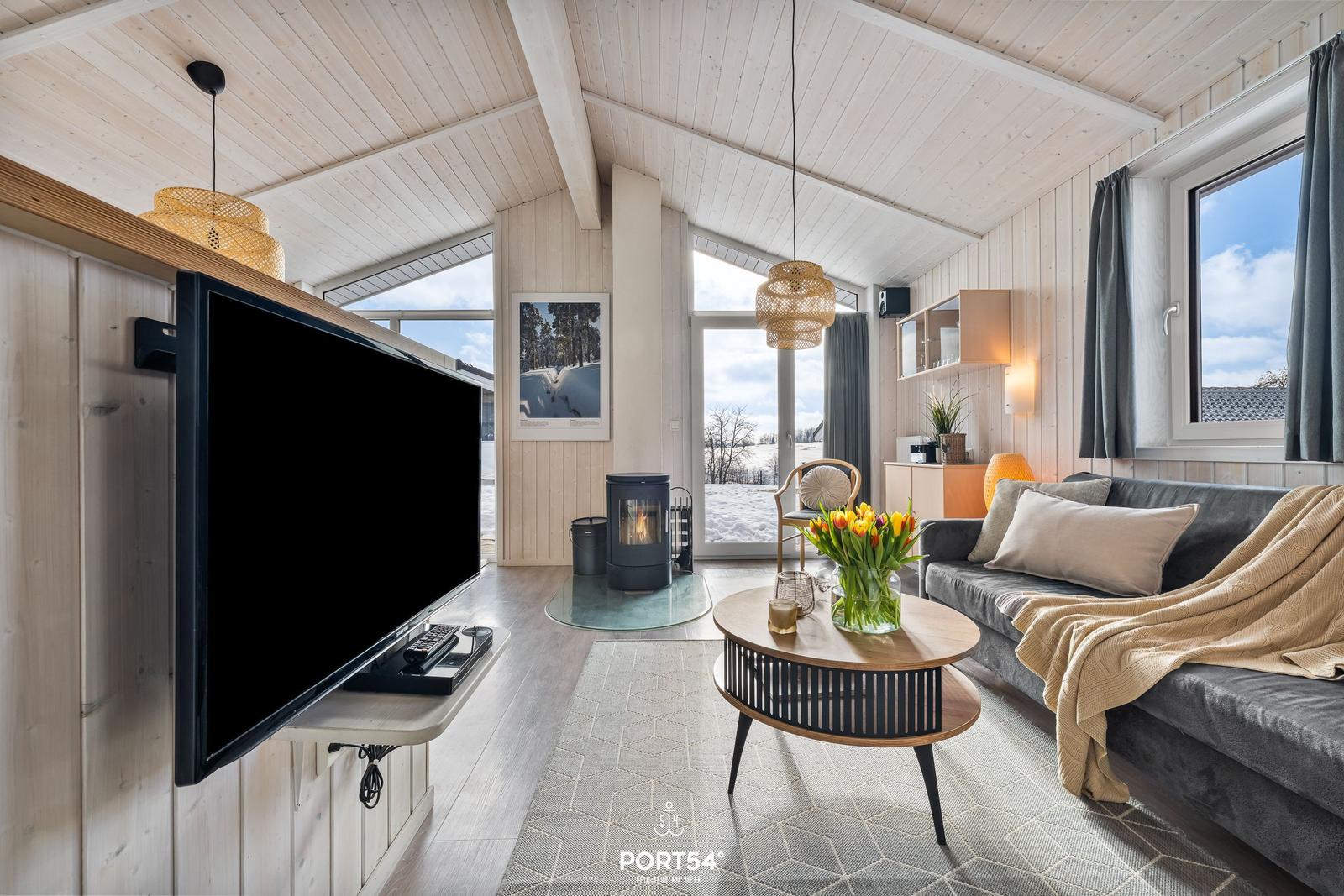 Wohnzimmer mit TV, Sofa, Kamin und Fensterblick auf Schnee.
