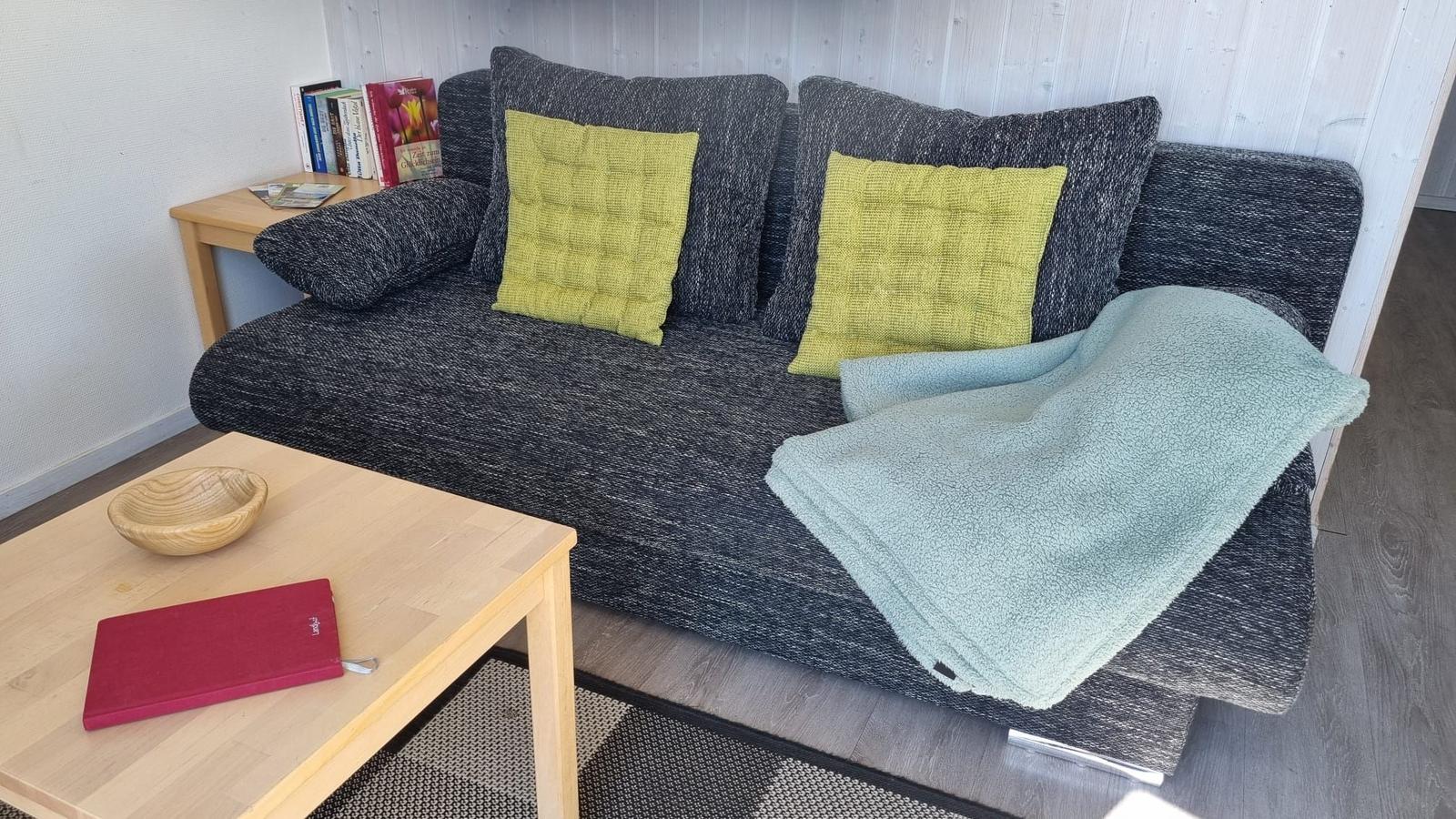 Ein grauer Sofa mit zwei gelben Kissen und einer hellblauen Decke. Holztisch mit Buch und Schale.