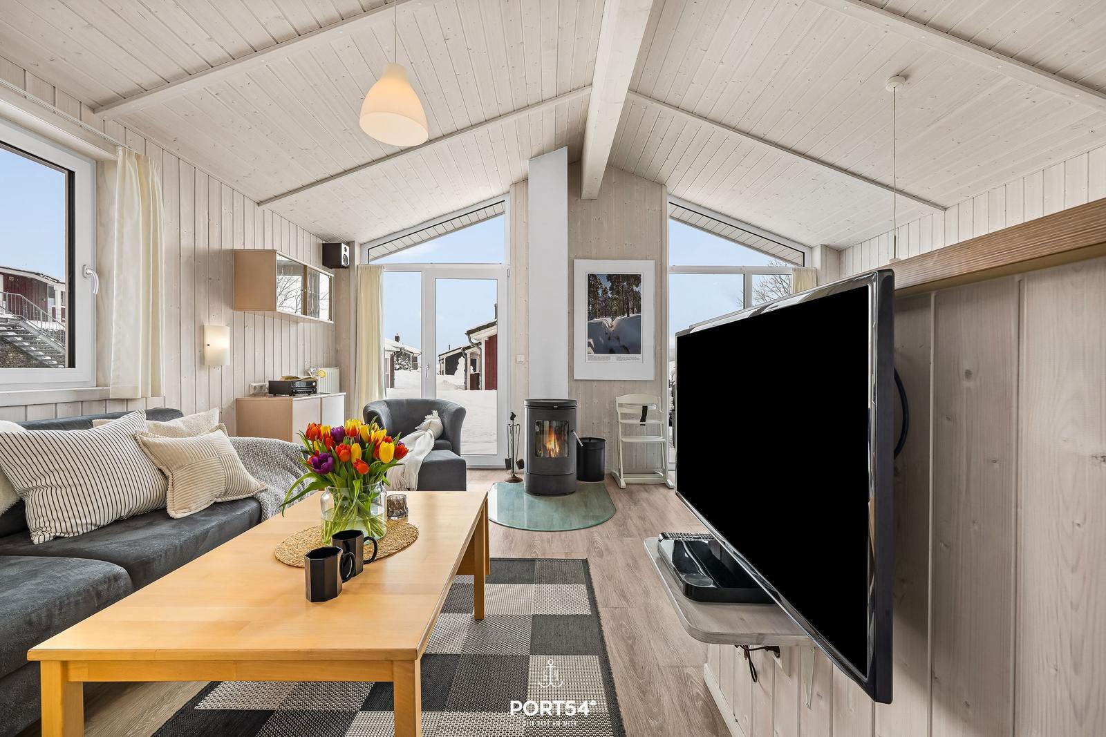 Wohnzimmer mit Sofa, Fernseher und Kamin. Große Fenster und Holzwände.