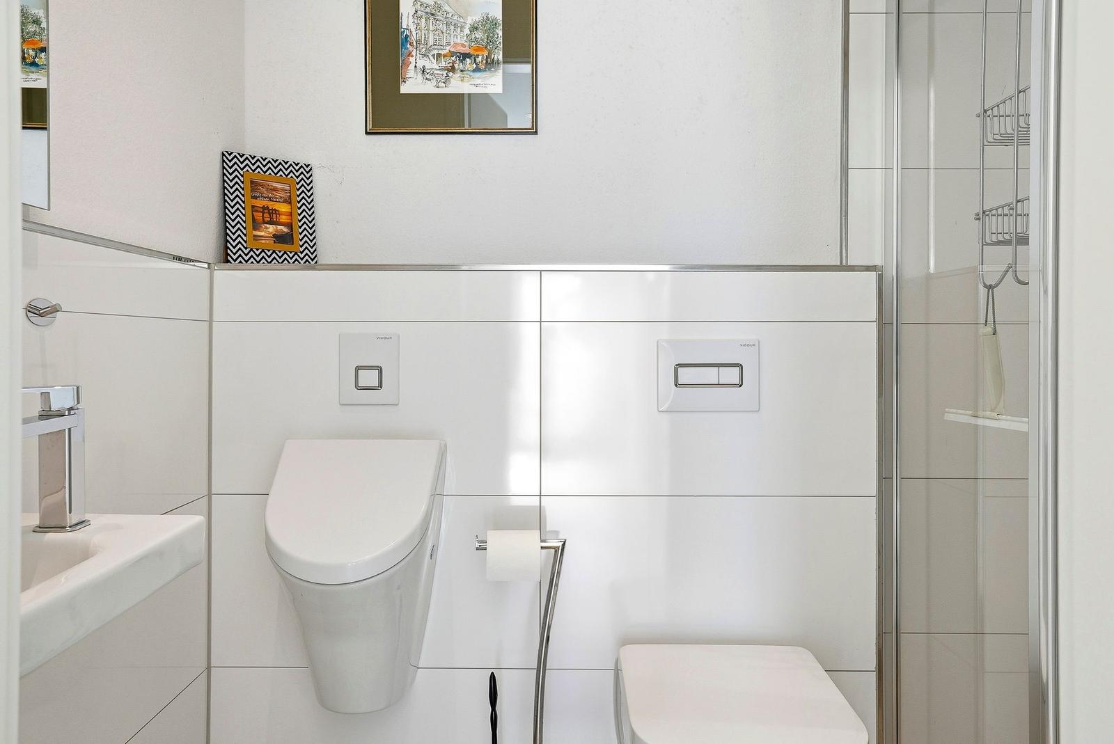 Bathroom with toilet, sink and shower. Wall-mounted rack and pictures on the wall.
