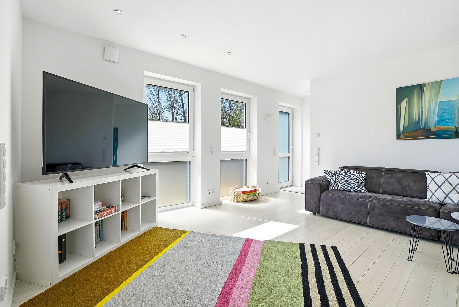 Living room with sofa, TV, and colorful rug.