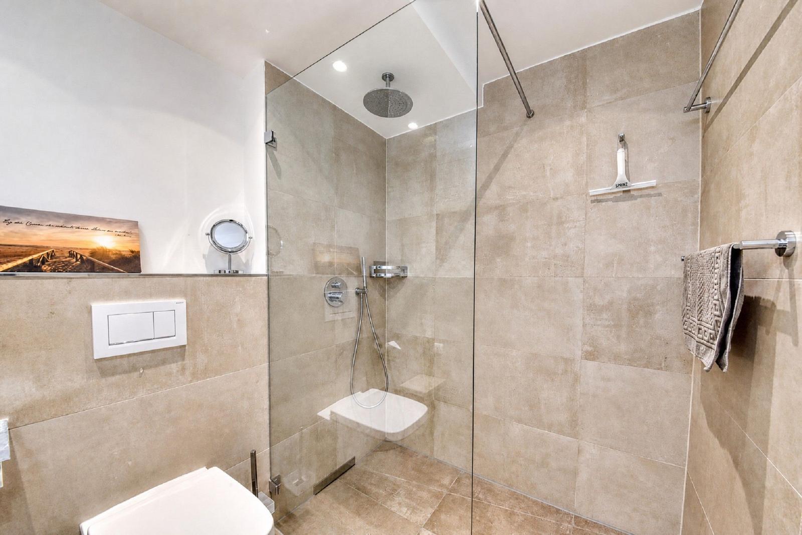 Dusche mit Glaswand, Duschbrause, Toilette und Handtuchhalter.