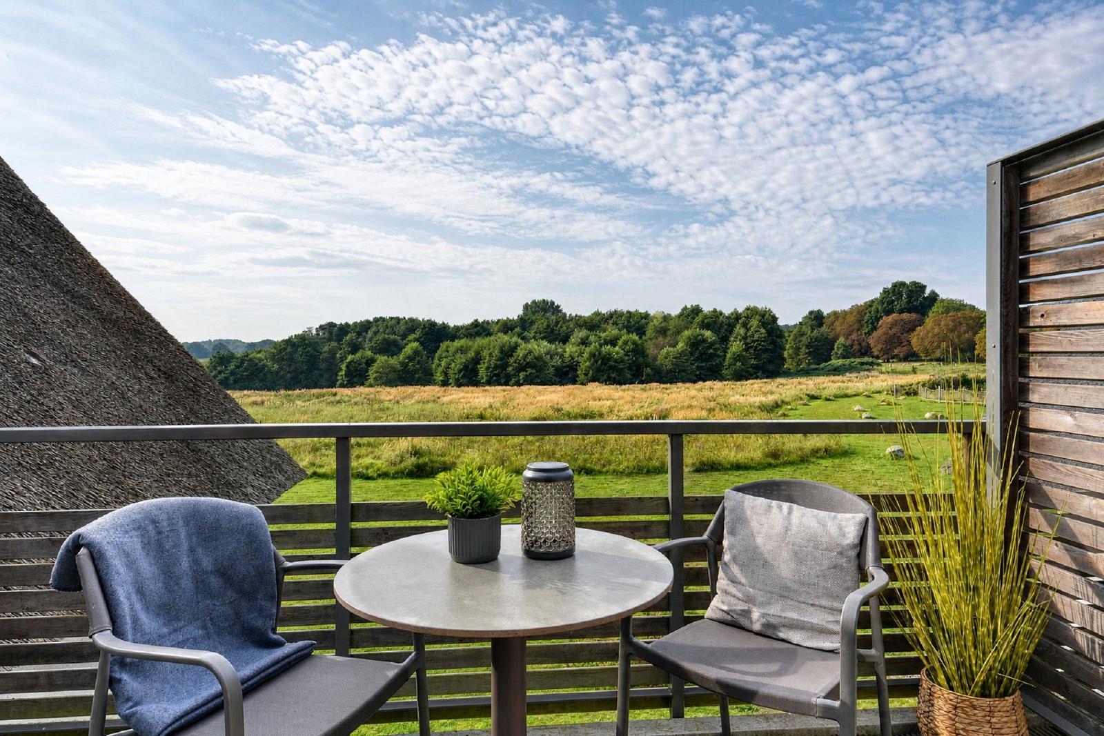Terrace with table and two chairs. View of field and forest under blue sky.