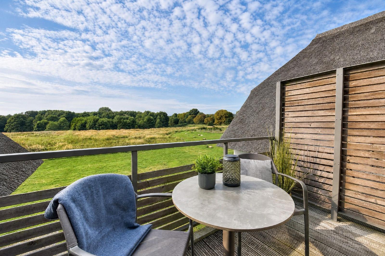 Terrace with table and chairs, view of green field and forest.