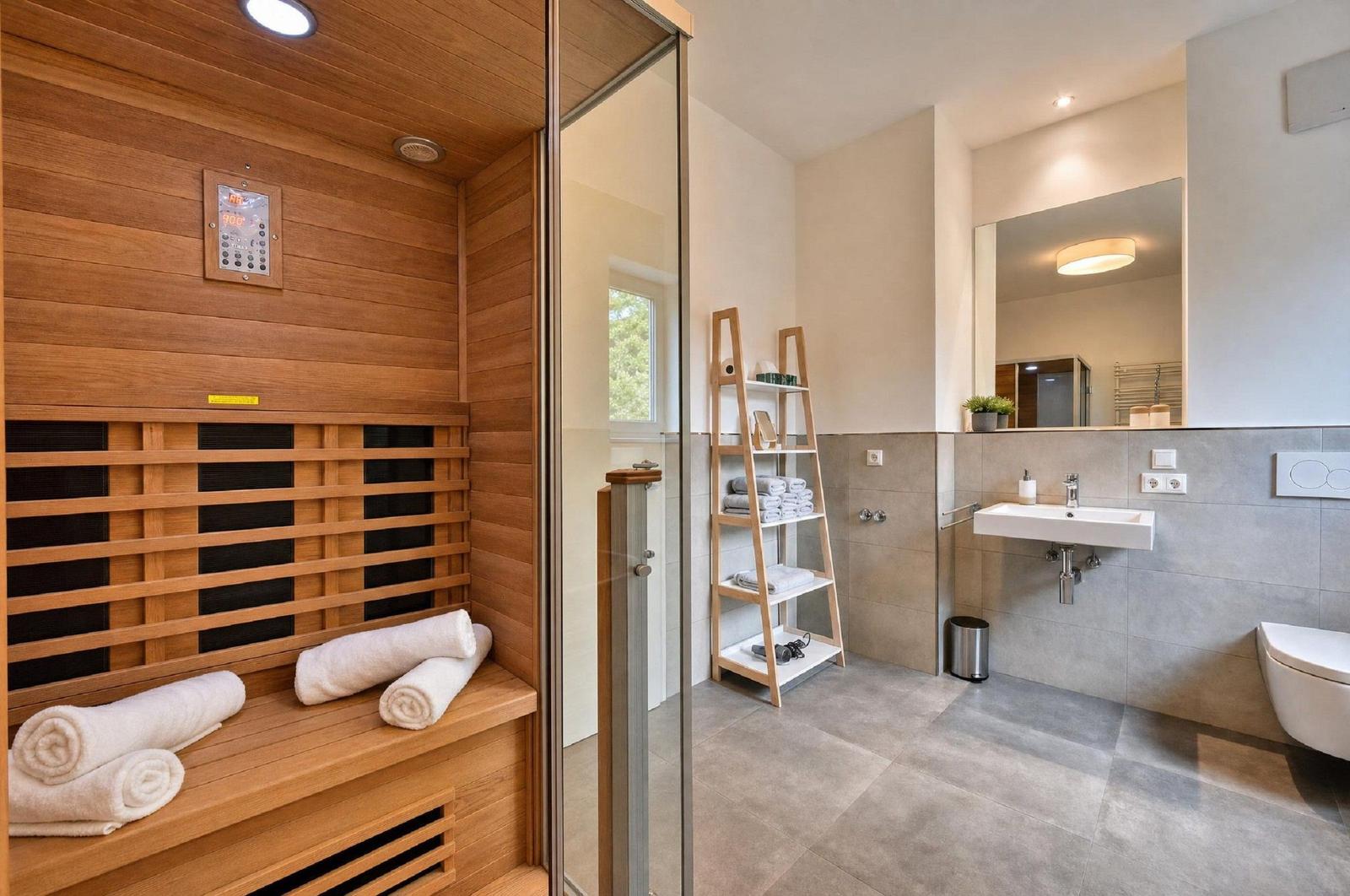 Dampfbad mit Holzverkleidung und Toilette im angrenzenden Badezimmer.