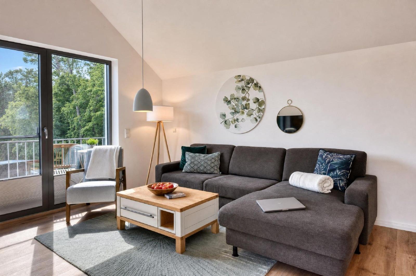 Wohnzimmer mit Sofa, Couchtisch und Blick auf Balkon mit Grün.
