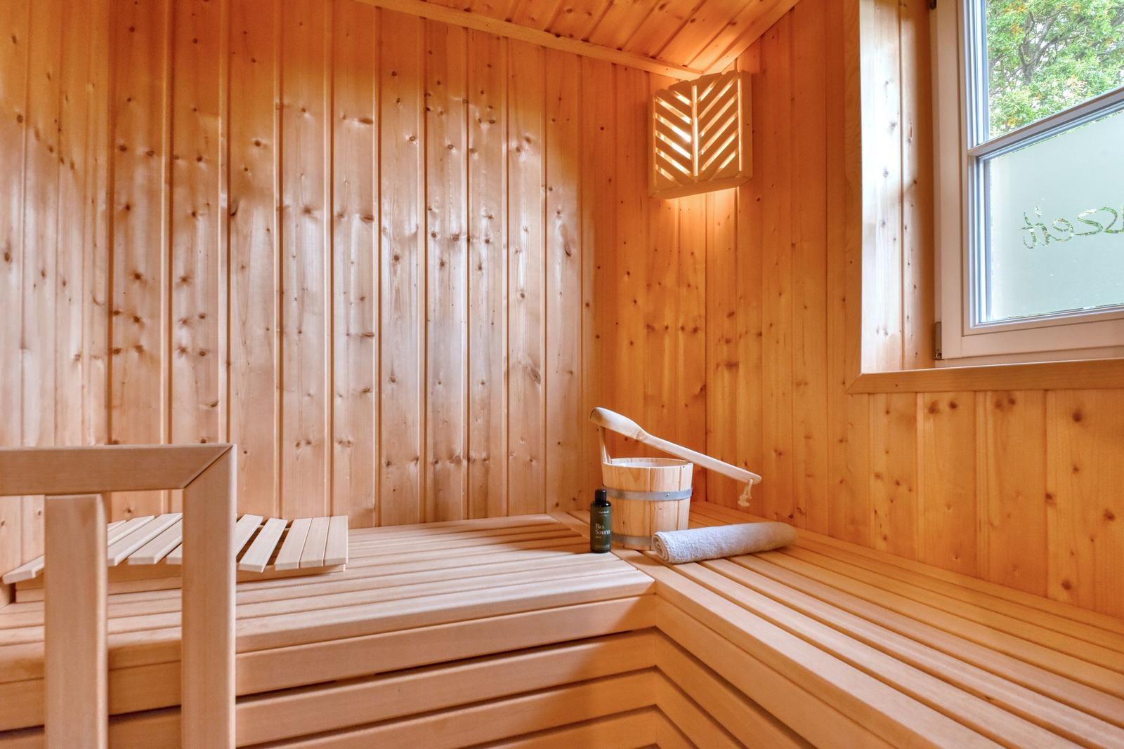 Holzsauna mit Sitzbänken, Eimer und Dampfventil. Fenster mit grünem Außenblick.