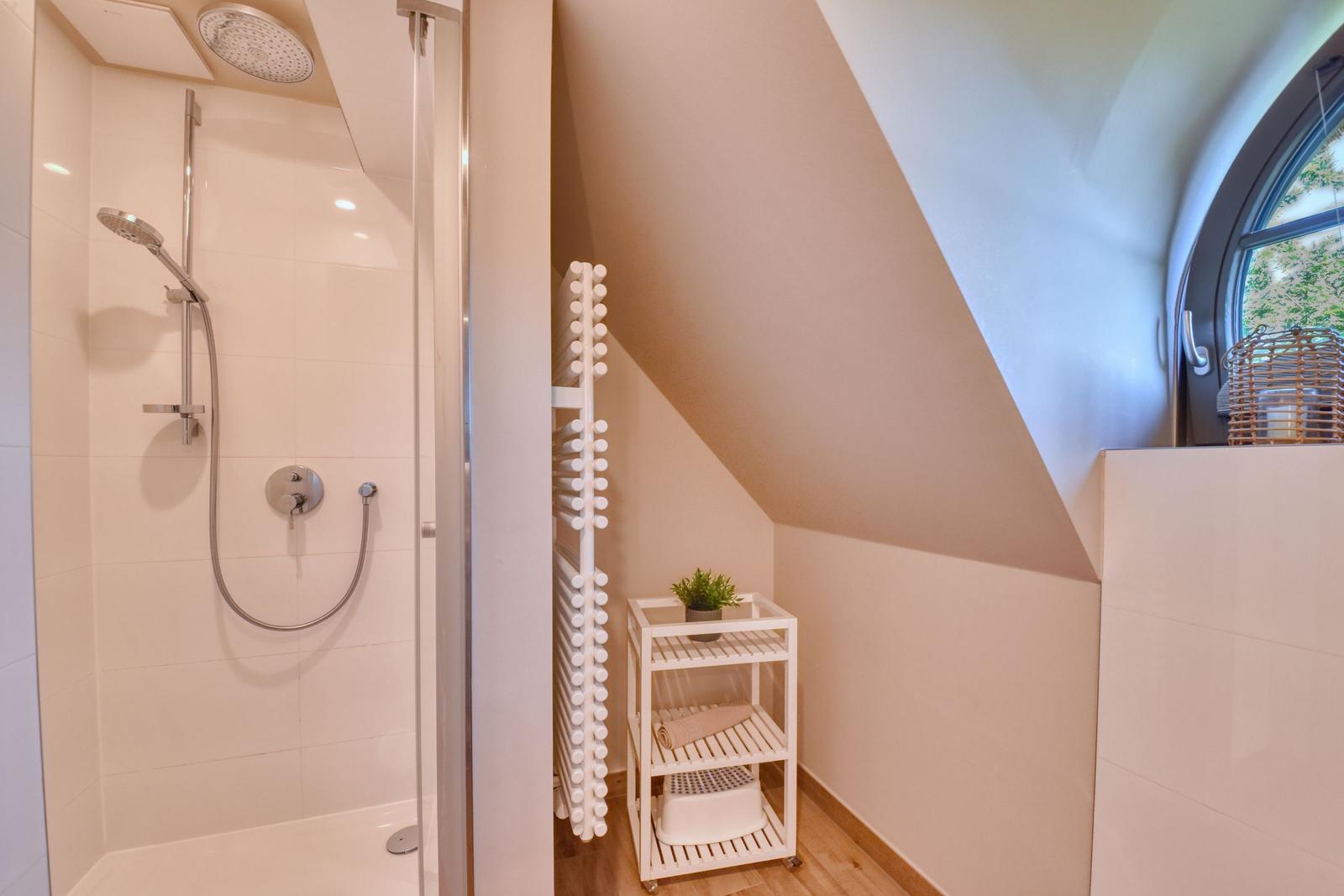 Shower with showerhead and window with view outside.