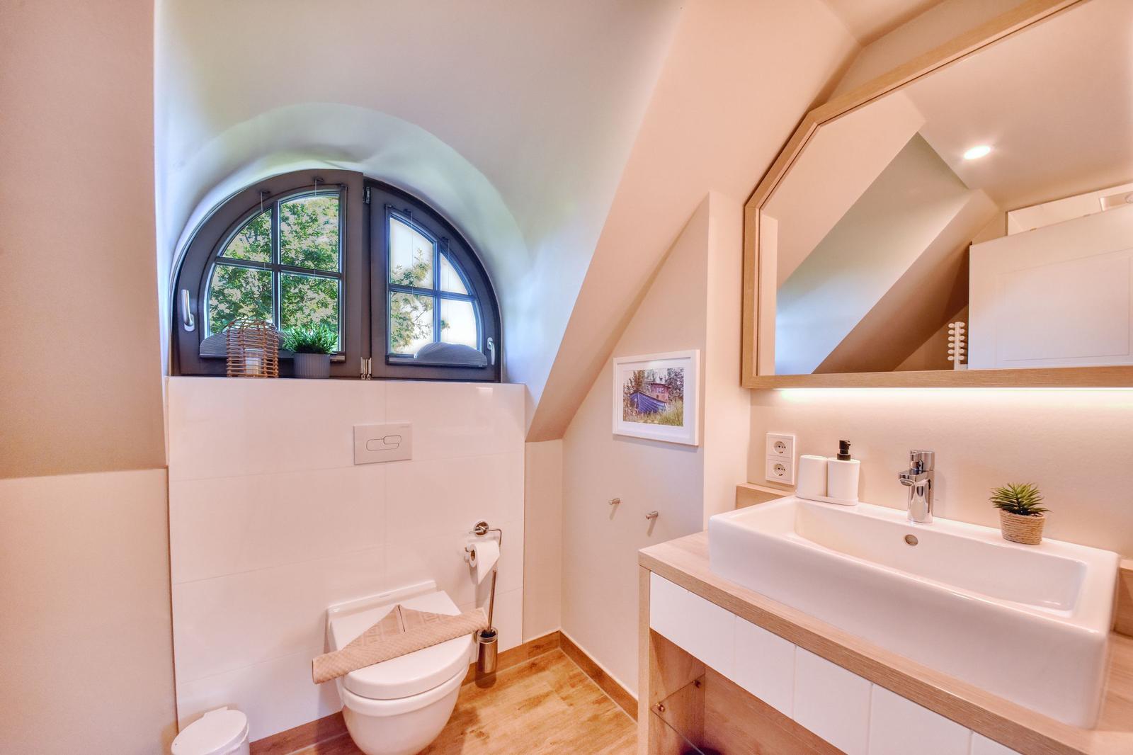 Bathroom with toilet, sink, and arched window with view outside.