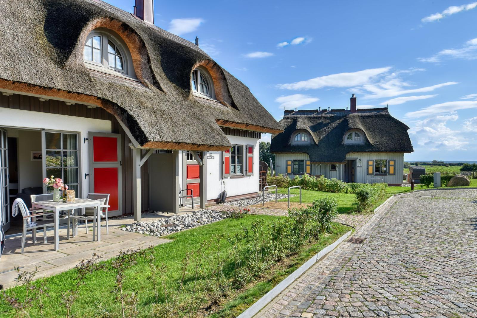 Two houses with thatched roofs, red doors, and terraces under blue sky.