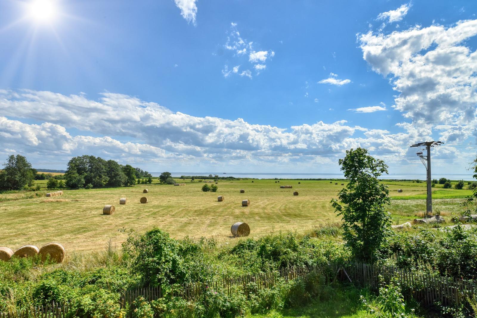 Weitläufiges Feld mit Heuhaufen unter blauem Himmel mit Wolken und Blick auf Wasser.