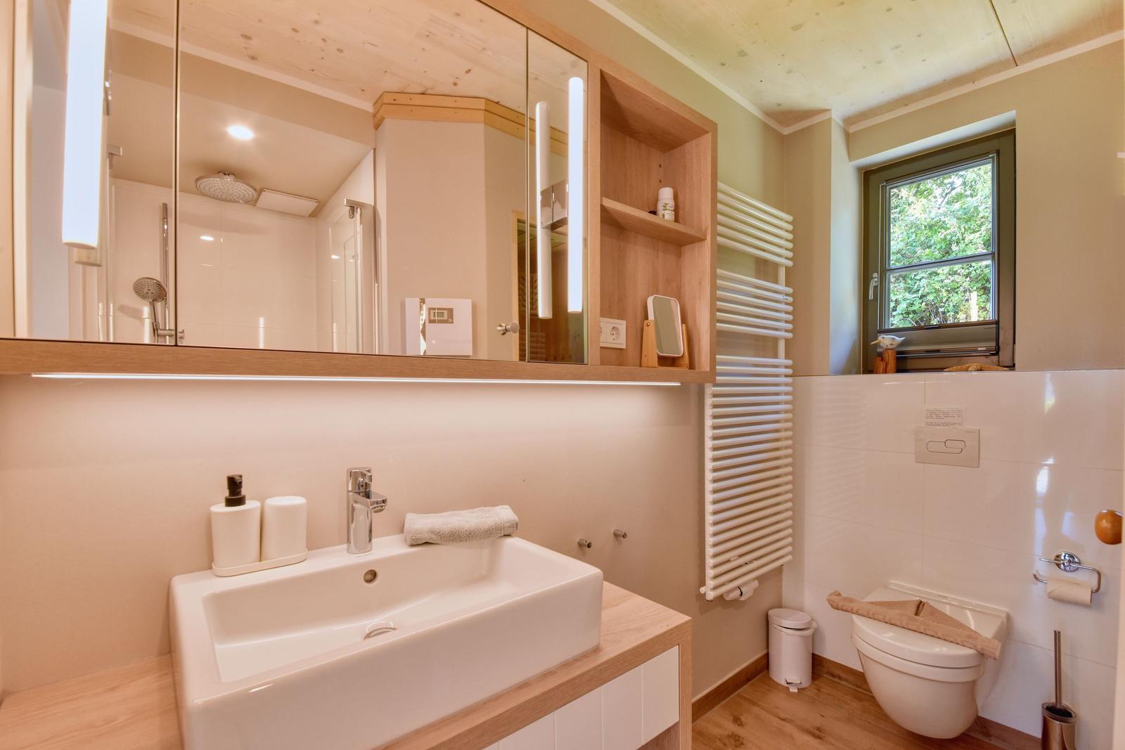 Badezimmer mit Waschbecken, Spiegel und Toilette. Fenster mit Blick auf Grün.