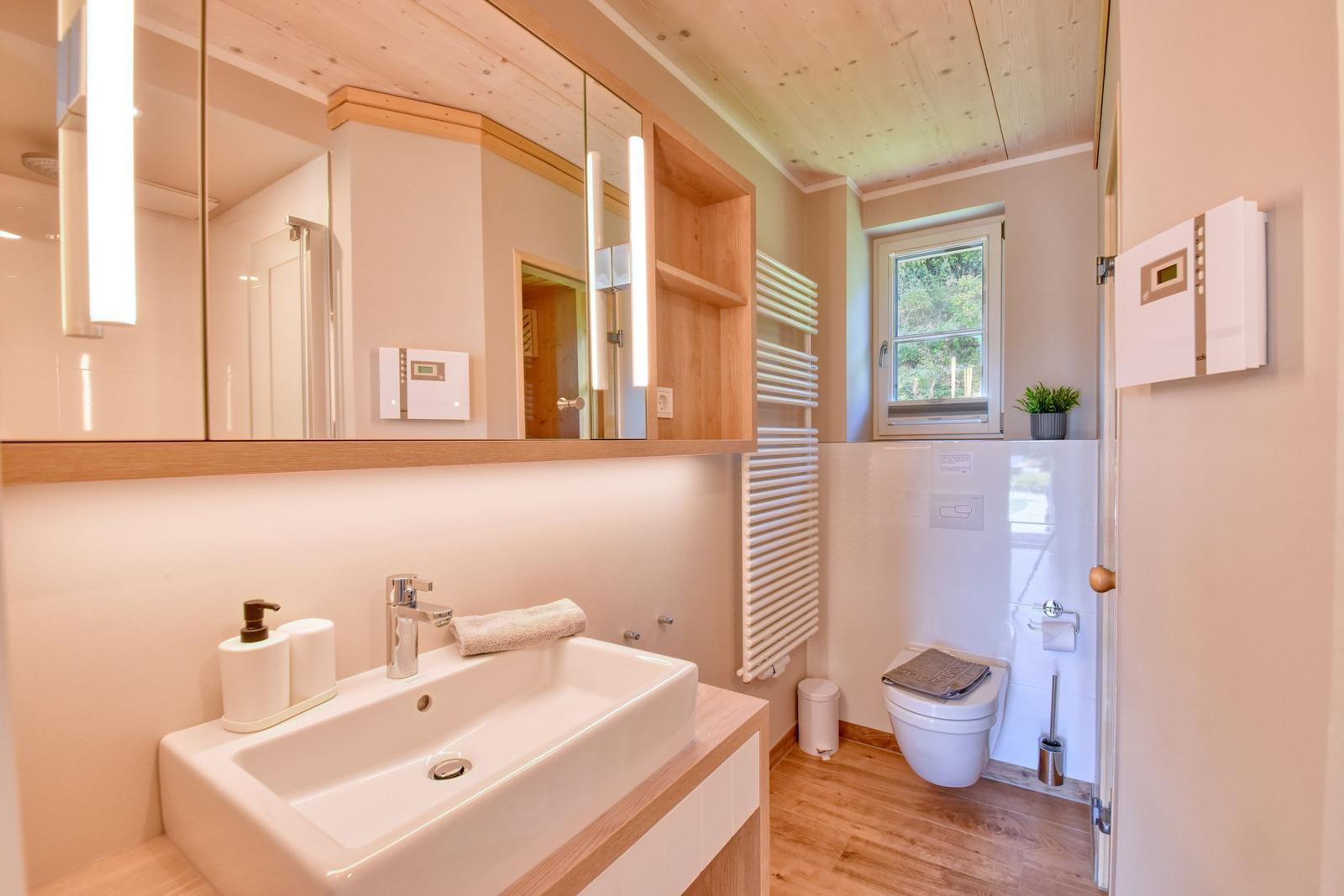 Bathroom with sink, mirror, and toilet. Wooden ceiling and window with view.