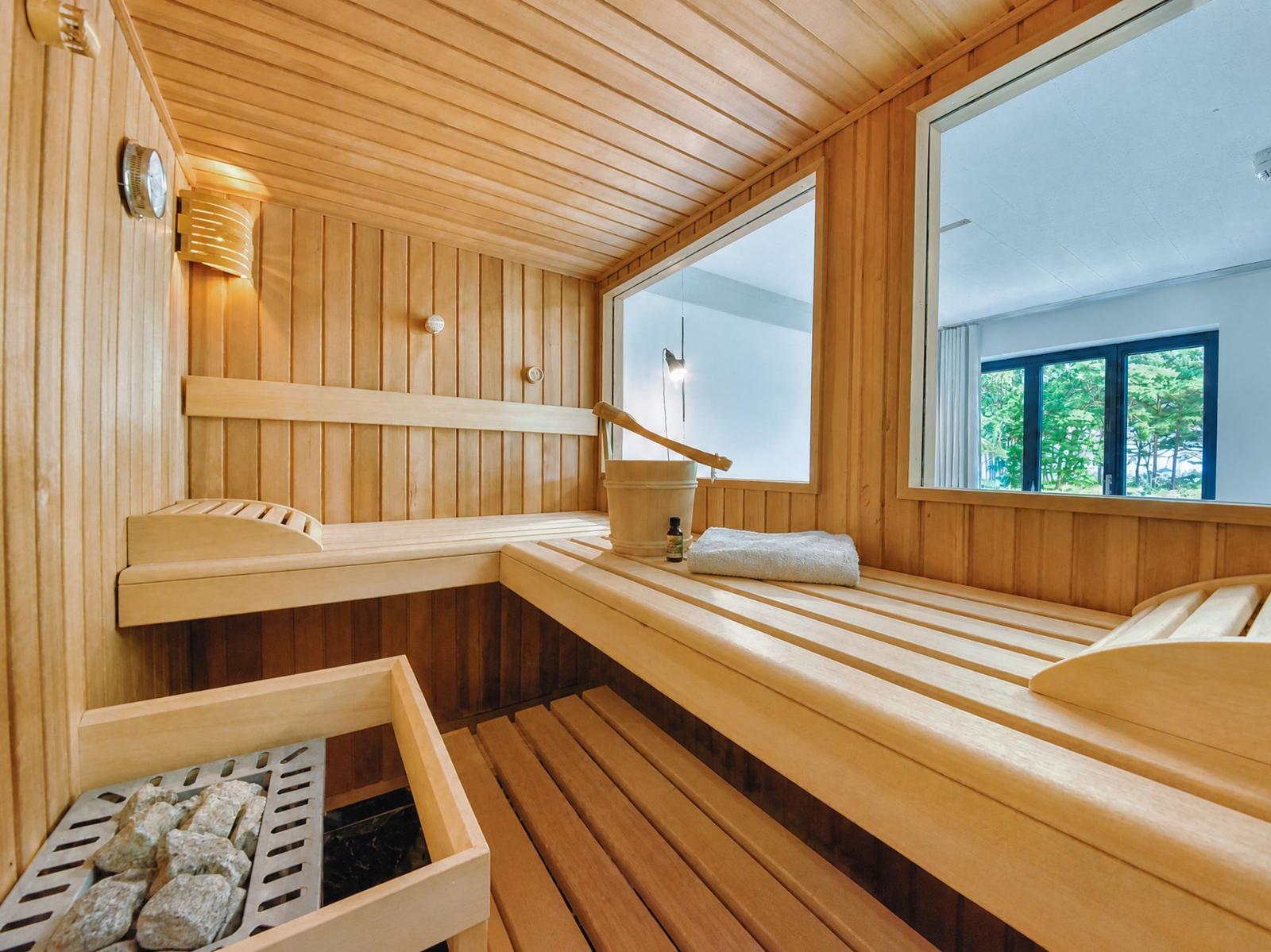 Sauna mit Holzbank, Steinofen und Fensterblick auf Grün