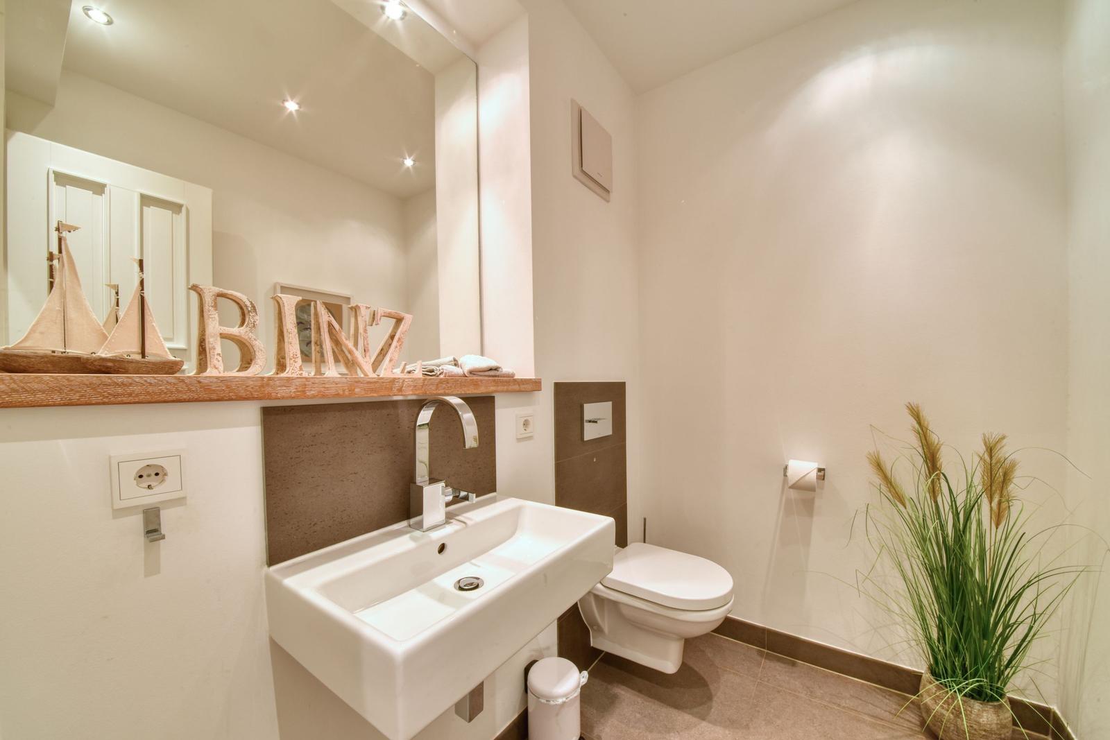 Bad mit Waschbecken, Toilette und Pflanze. Spiegel und Holzregal mit Dekoration.