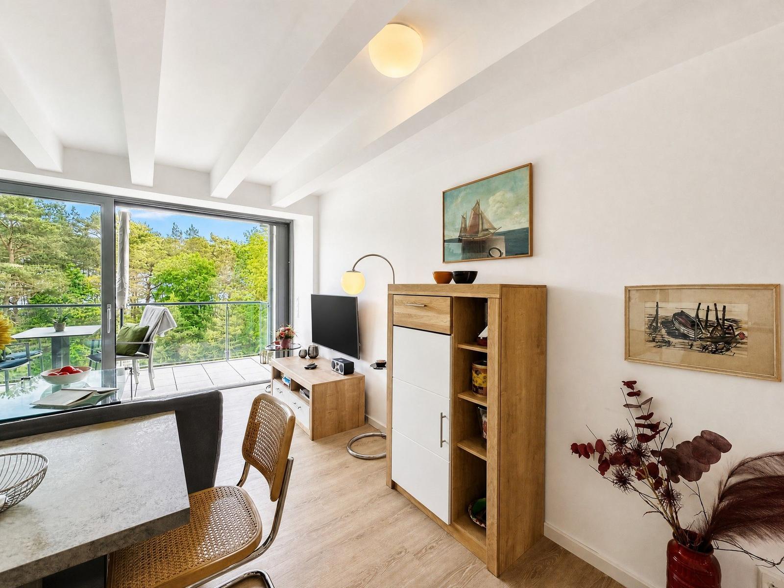 Wohnbereich mit Balkon, Fernseher, Schrank und Wandbildern.