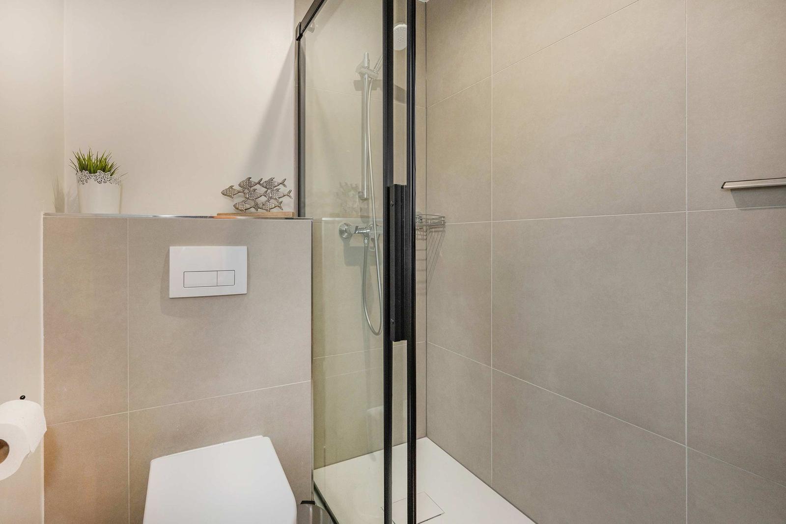 Bathroom with shower, toilet, and small plants on the wall.