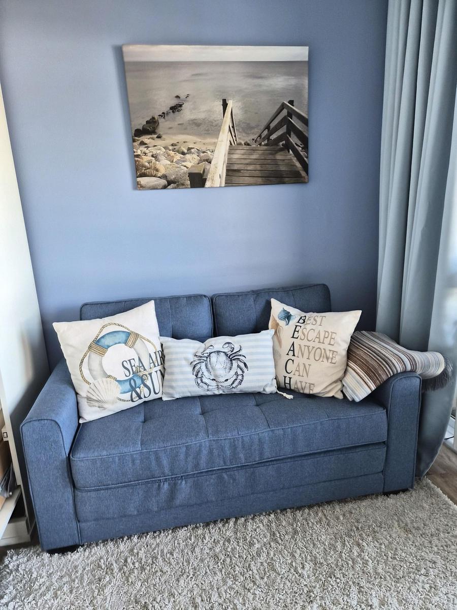 Blue sofa with cushions in front of wall with beach picture.