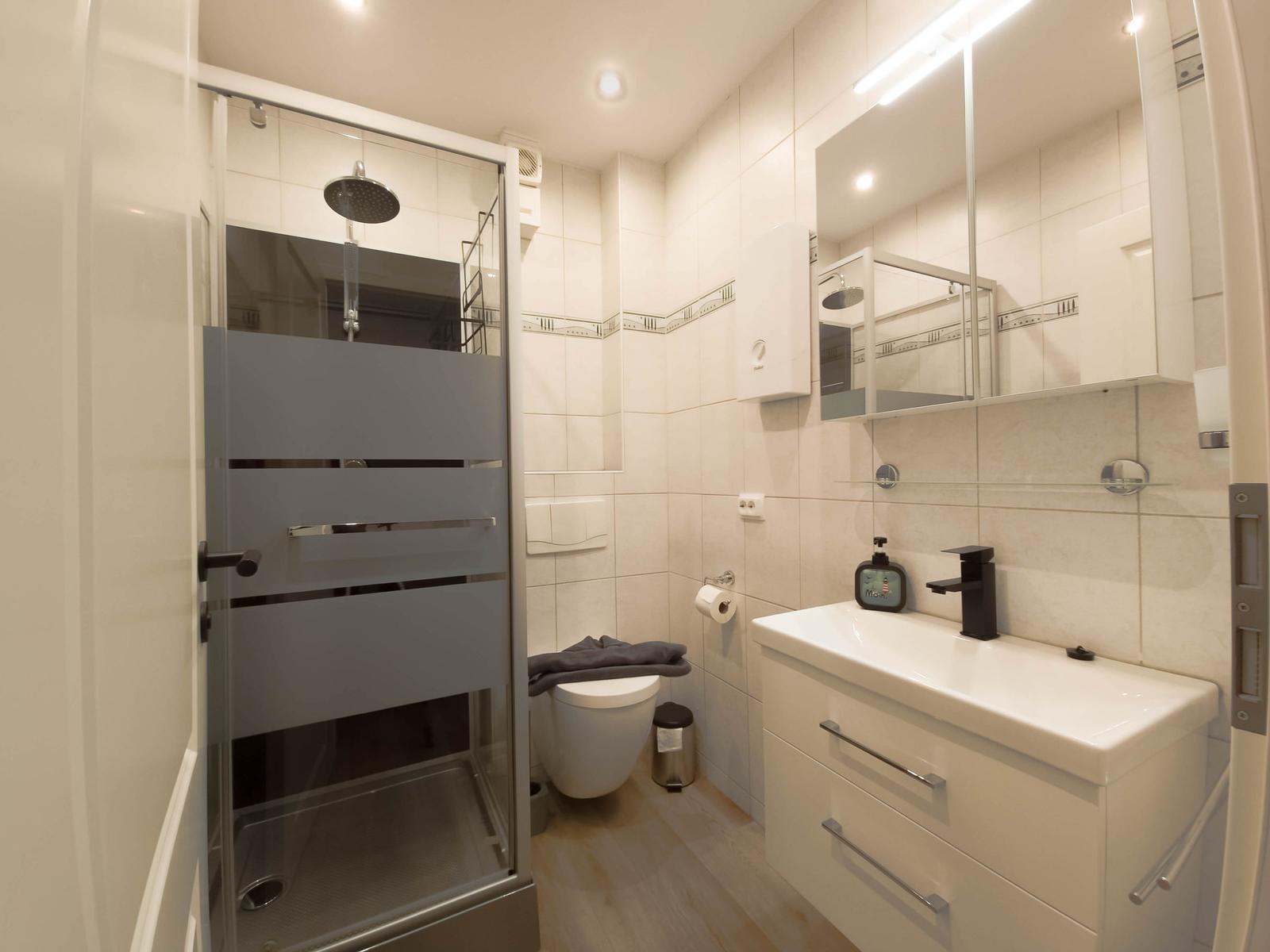 Bathroom with shower, toilet, and sink with mirror.