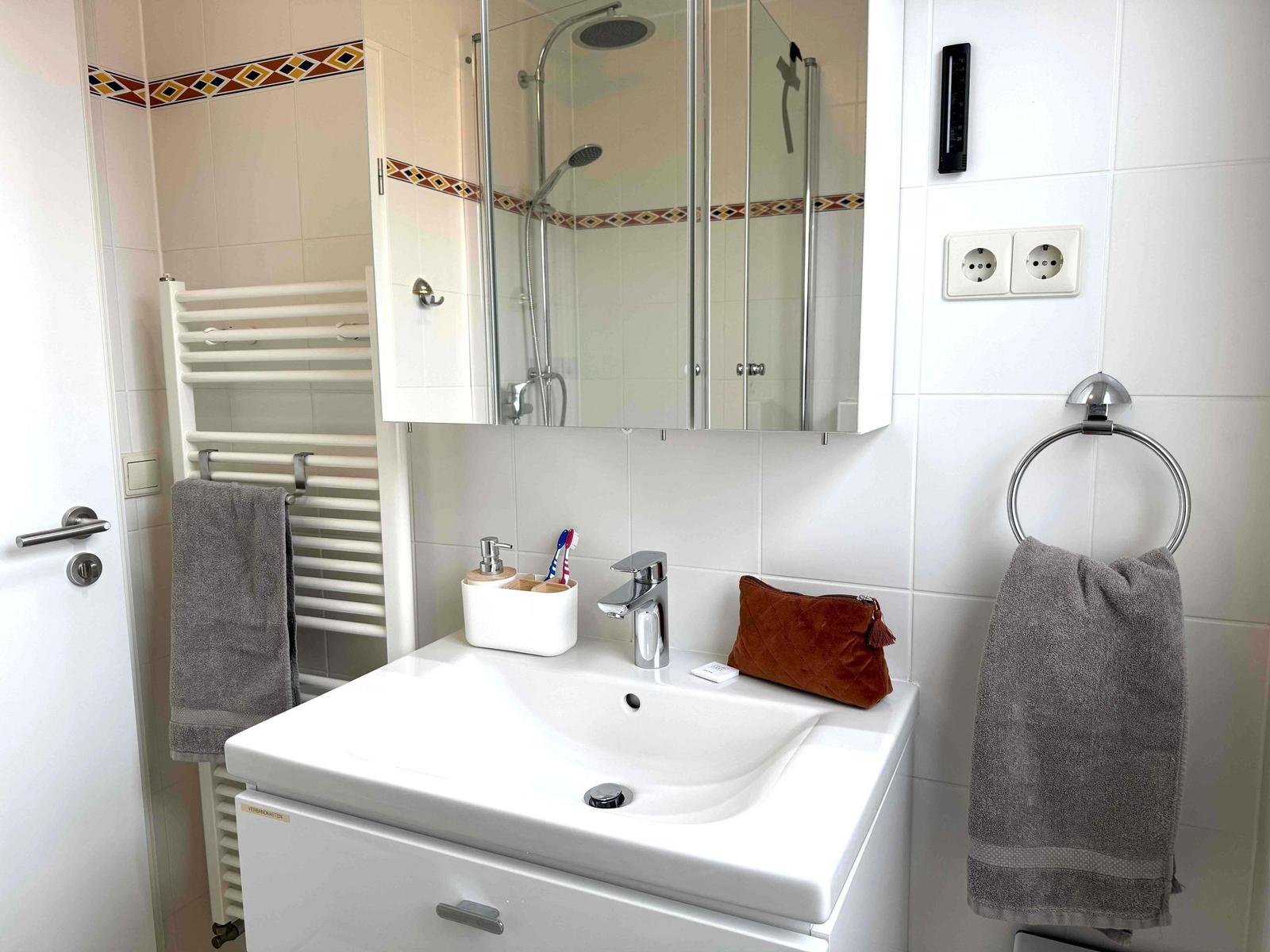Badezimmer mit Dusche, Waschbecken und Handtuchhalter.