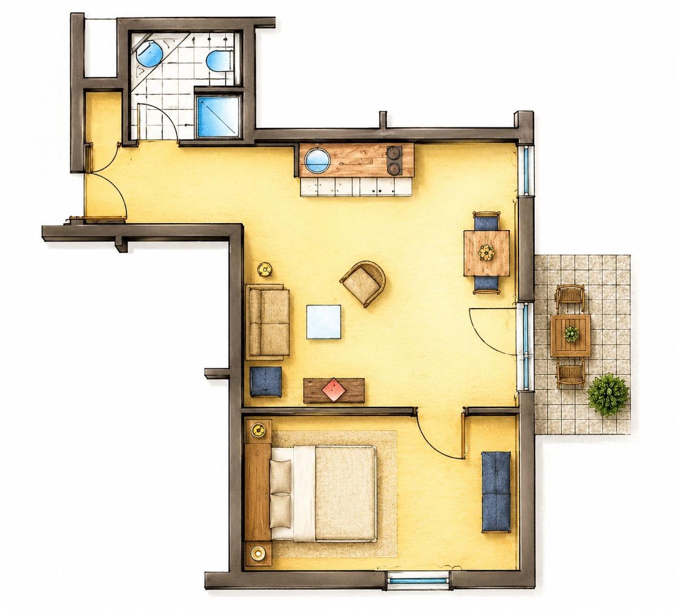 Wohnung mit Schlafzimmer, Küche, Wohnbereich und Balkon.