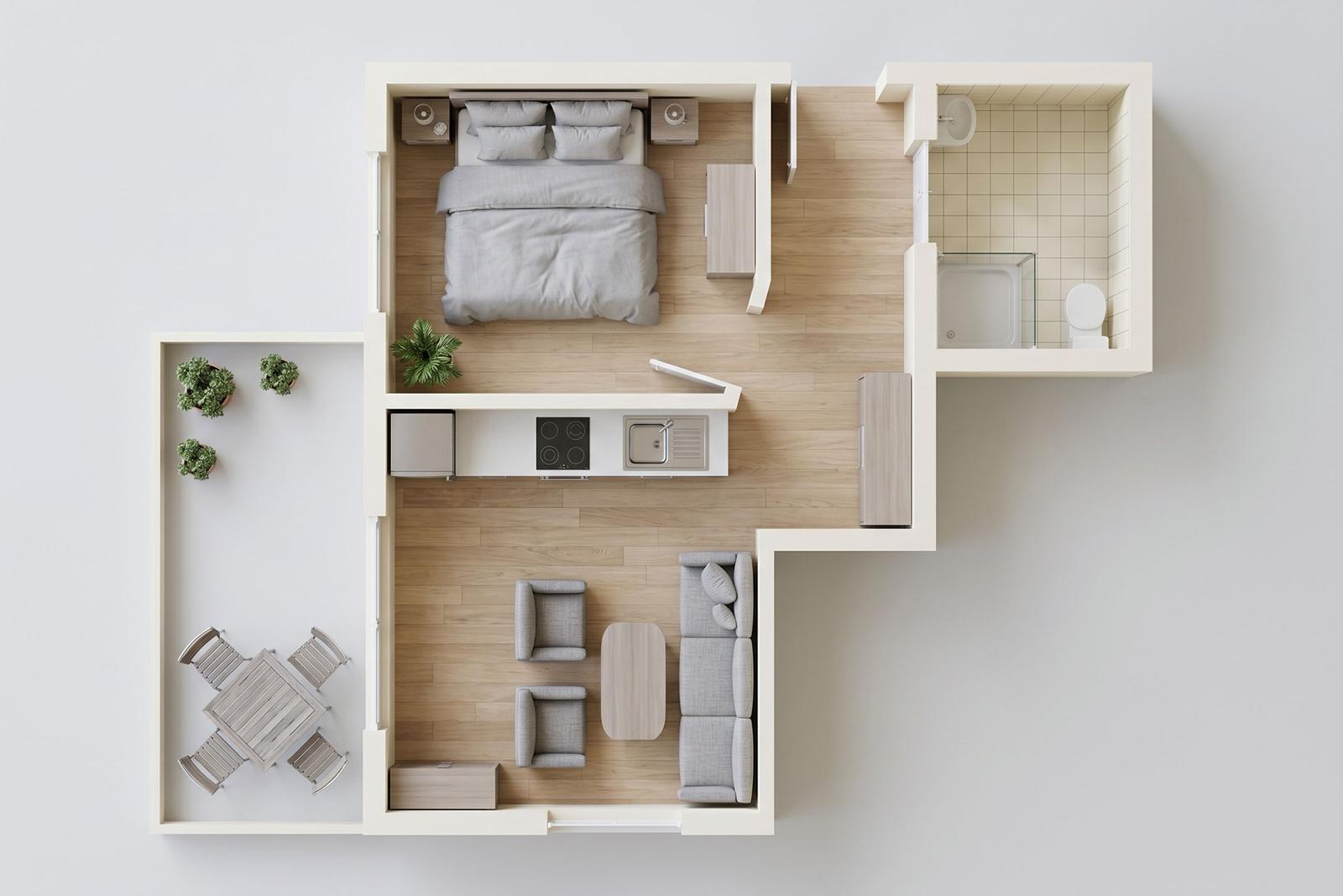 Dieses Apartment hat Schlafzimmer, Küche, Wohnbereich und Bad mit Dusche.