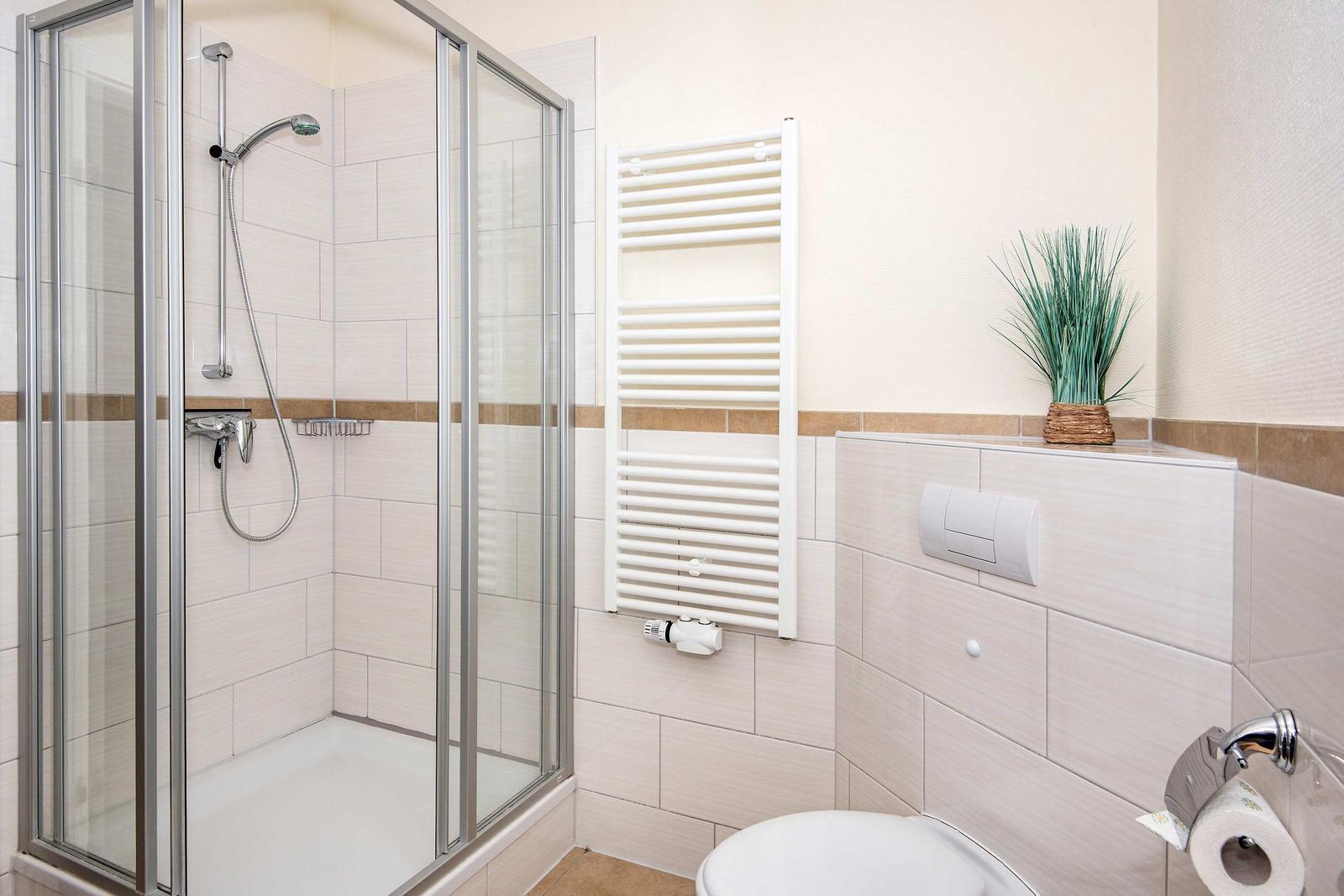 Badezimmer mit Dusche, Toilette und Heizkörper.