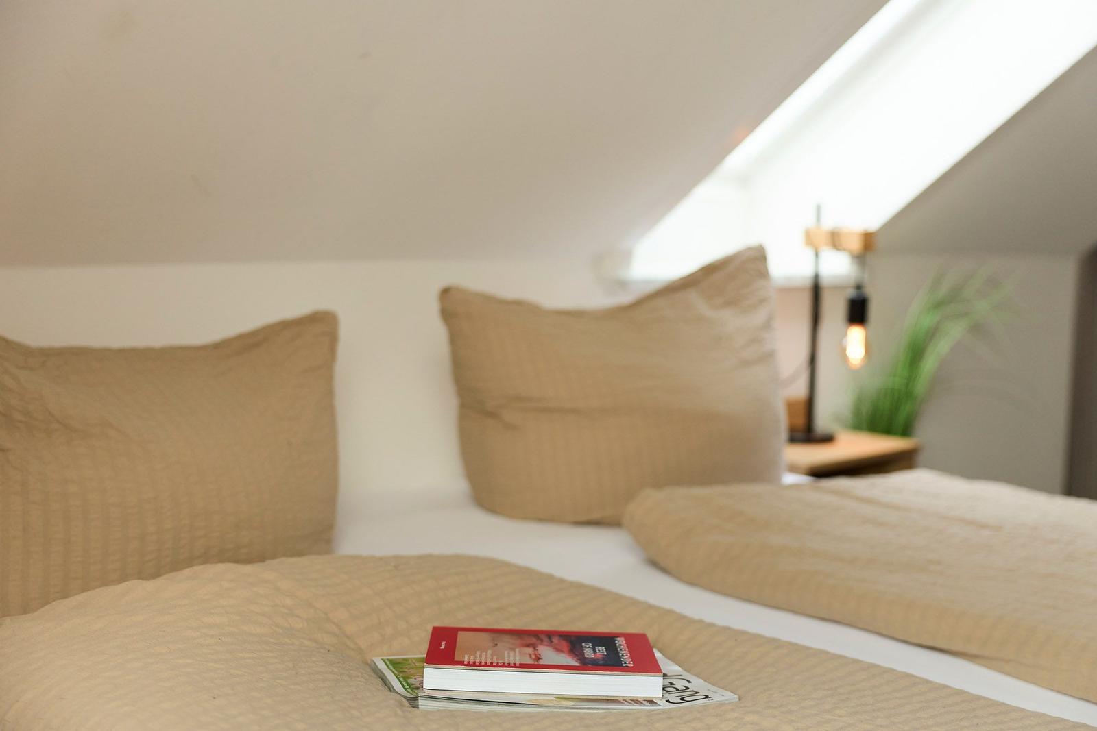 Ein Bett mit Kissen und einer Decke. Auf dem Bett liegen Bücher. Im Hintergrund ist eine Lampe und eine Pflanze.