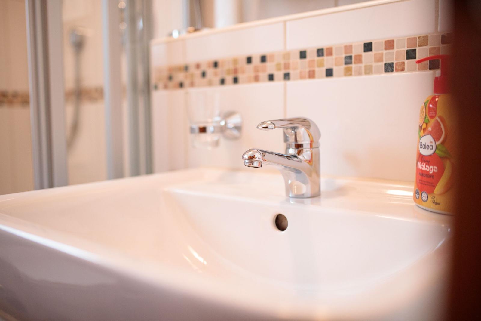 Waschbecken mit Wasserhahn und Seife, dahinter Dusche.