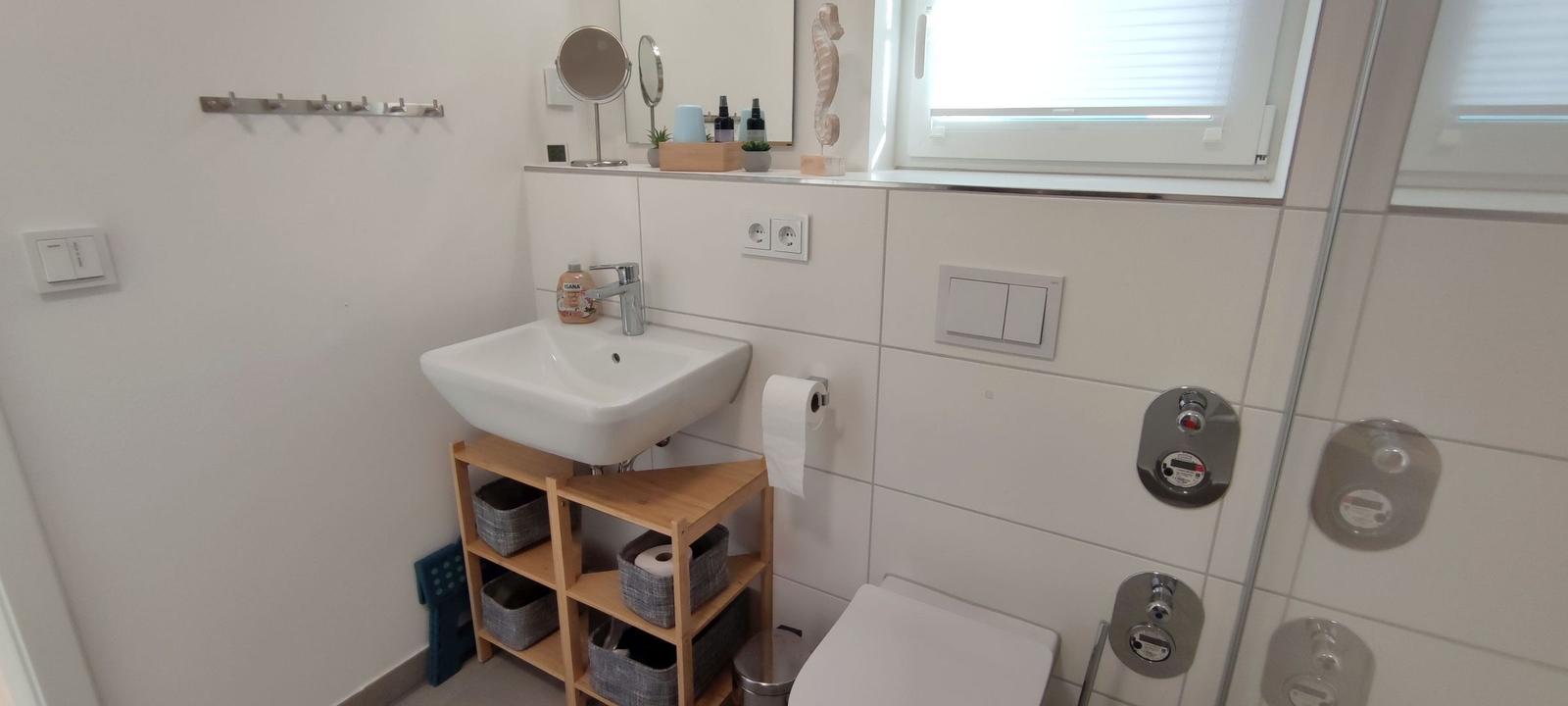 Bathroom with sink, toilet, and shower. Wooden shelf under the sink.