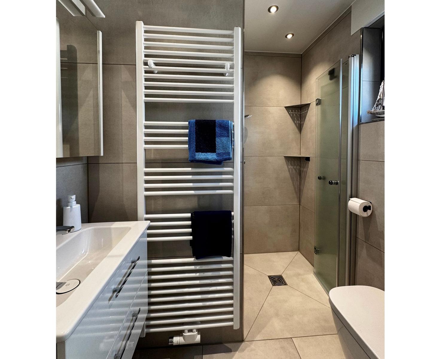 Badezimmer mit Dusche, Handtuchhalter und Waschtisch