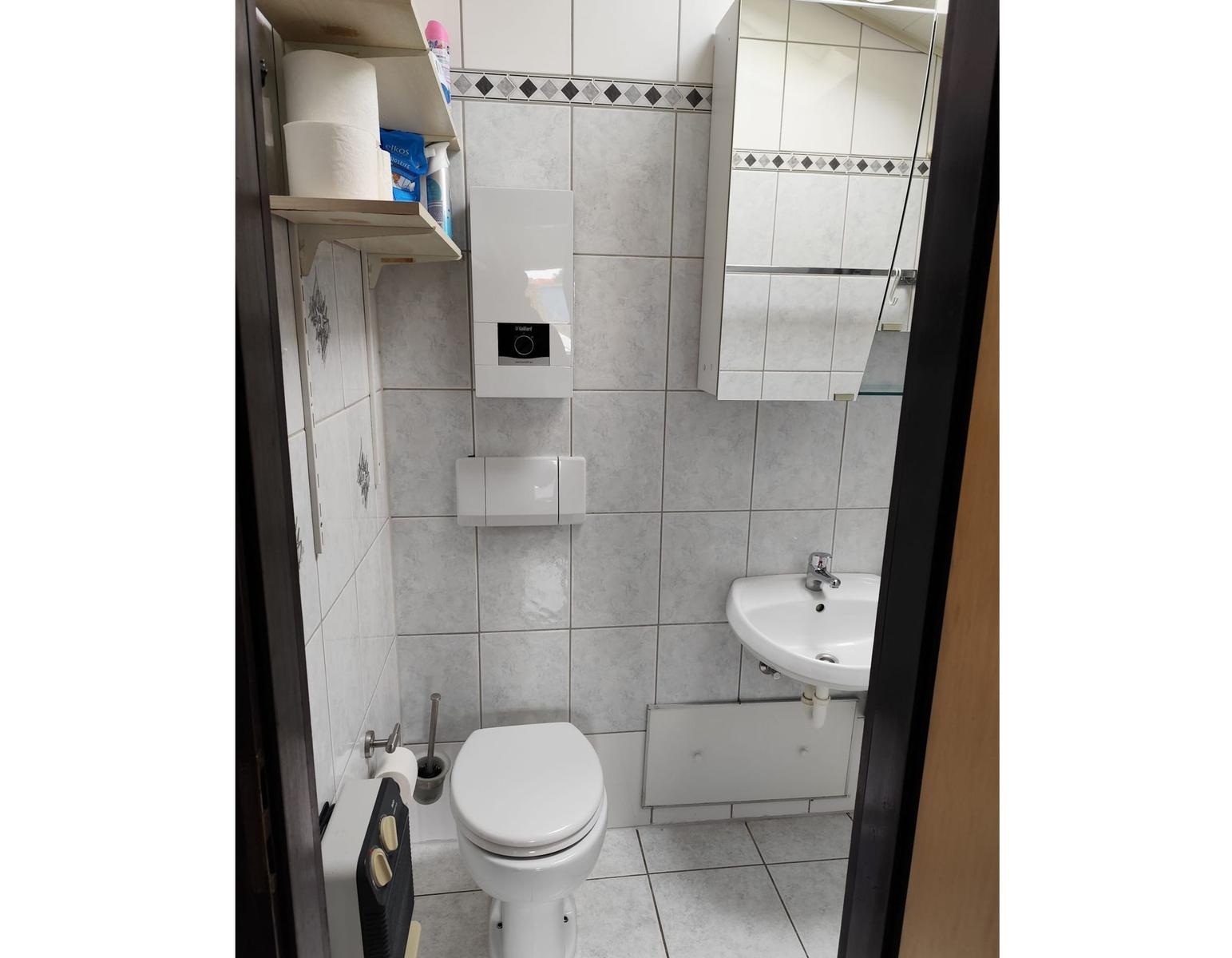 Bathroom with toilet, sink, and heater.