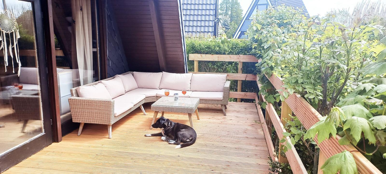 Terrasse mit Sitzgruppe, Tisch und Hund. Holzgeländer und Pflanzen umgeben die Terrasse.